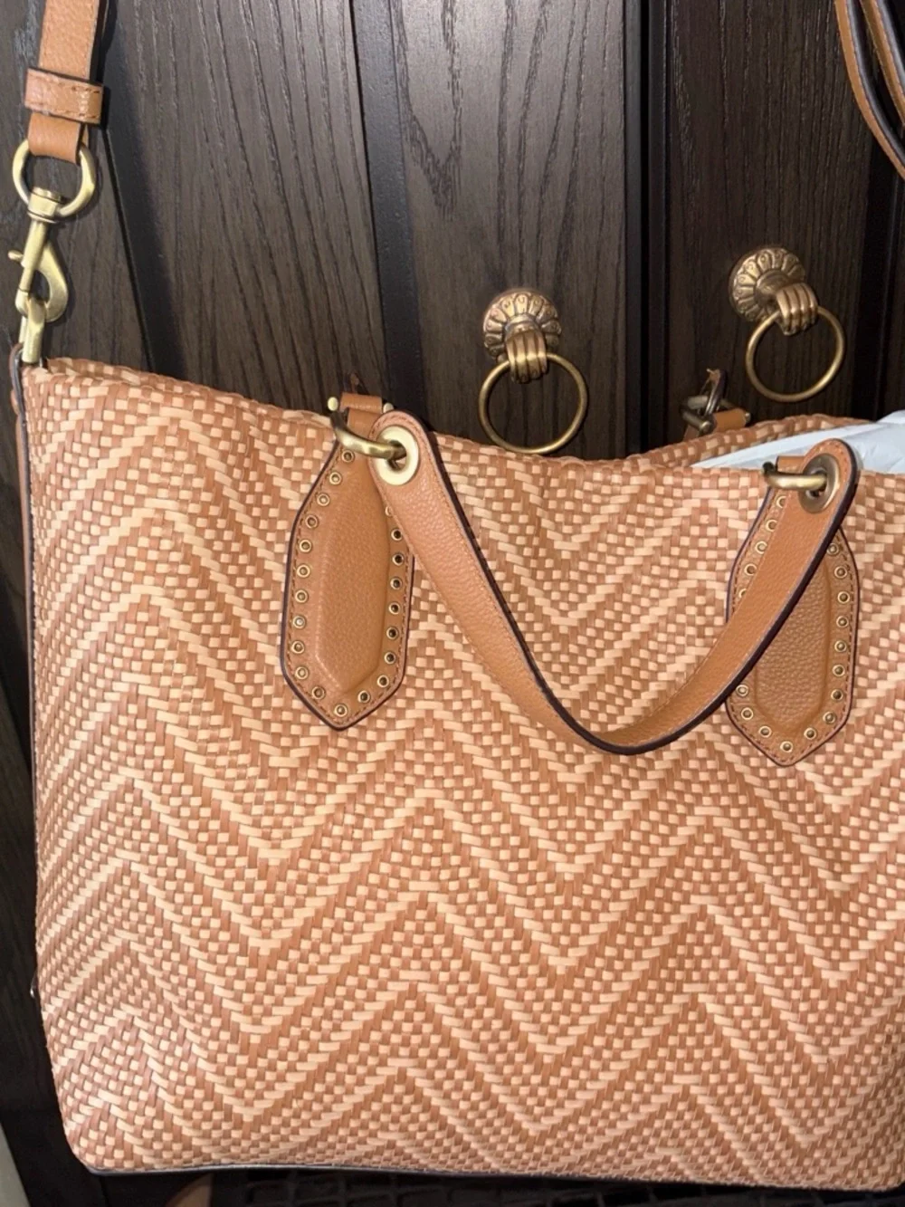Michael Kors Woven Chevron Tote in Tan and Cream leather